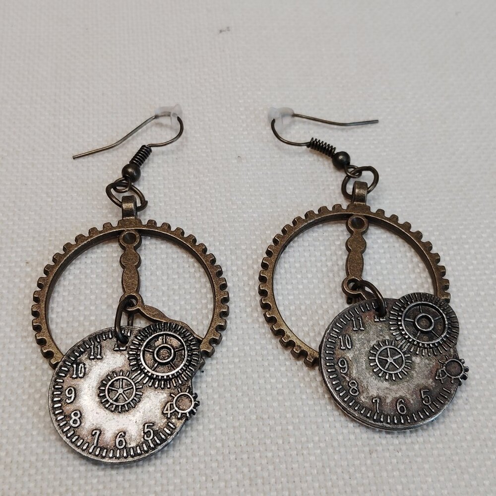 Steampunk Gear Clockwork Dangle Earrings Antique Bronze and Silver Tone